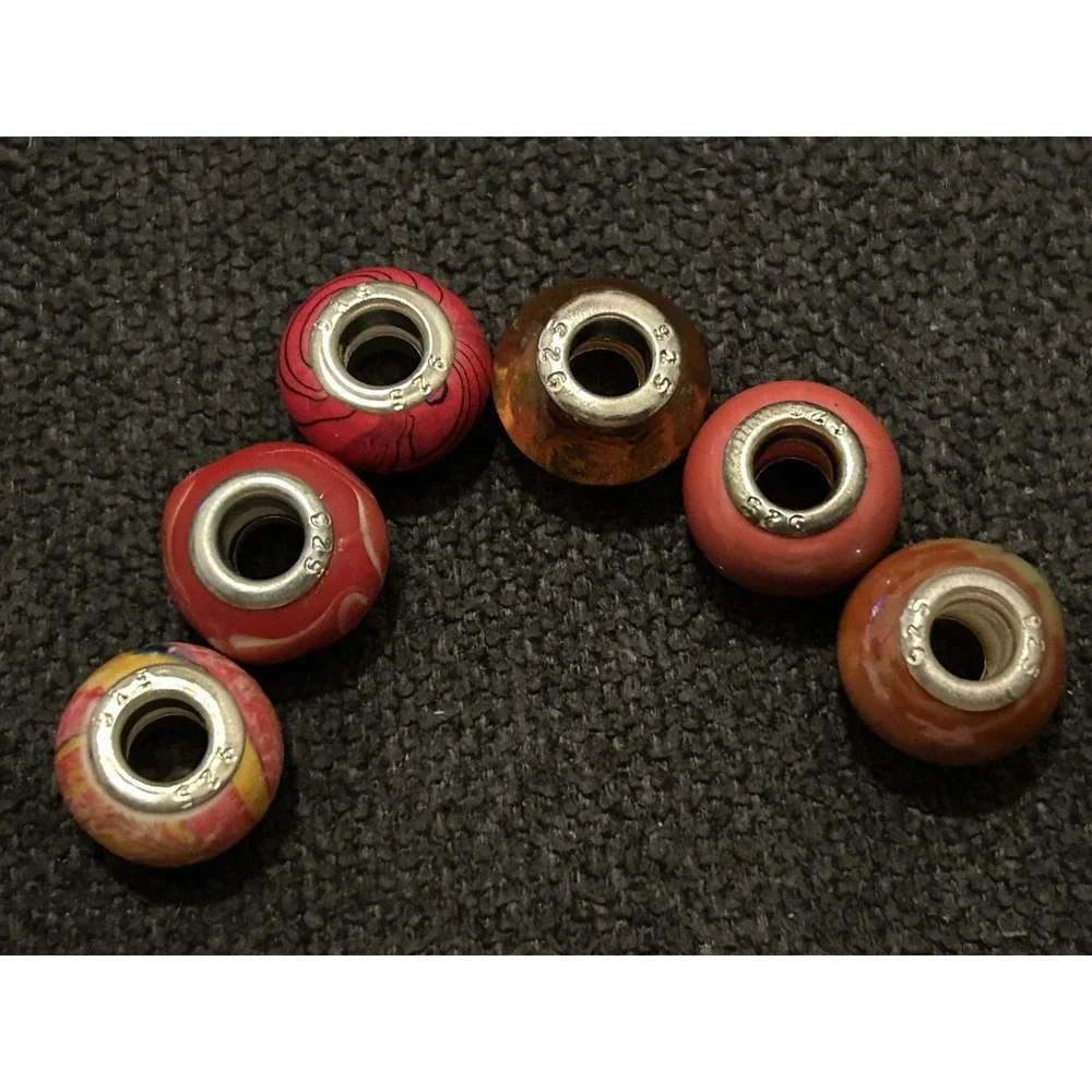 Lot of 6 Sterling Silver Core Bracelet Charm Beads Lampwork Glass Style 925 1